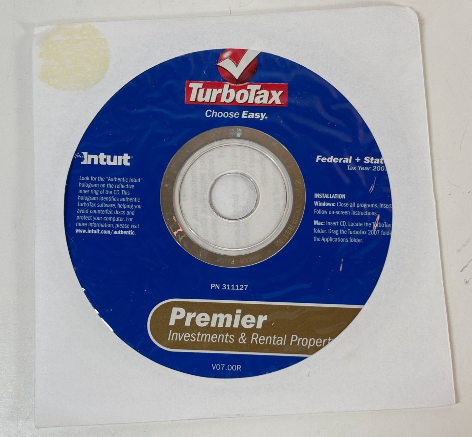 Intuit TurboTax Premier Investments & Rental Property 2007 Federal + State