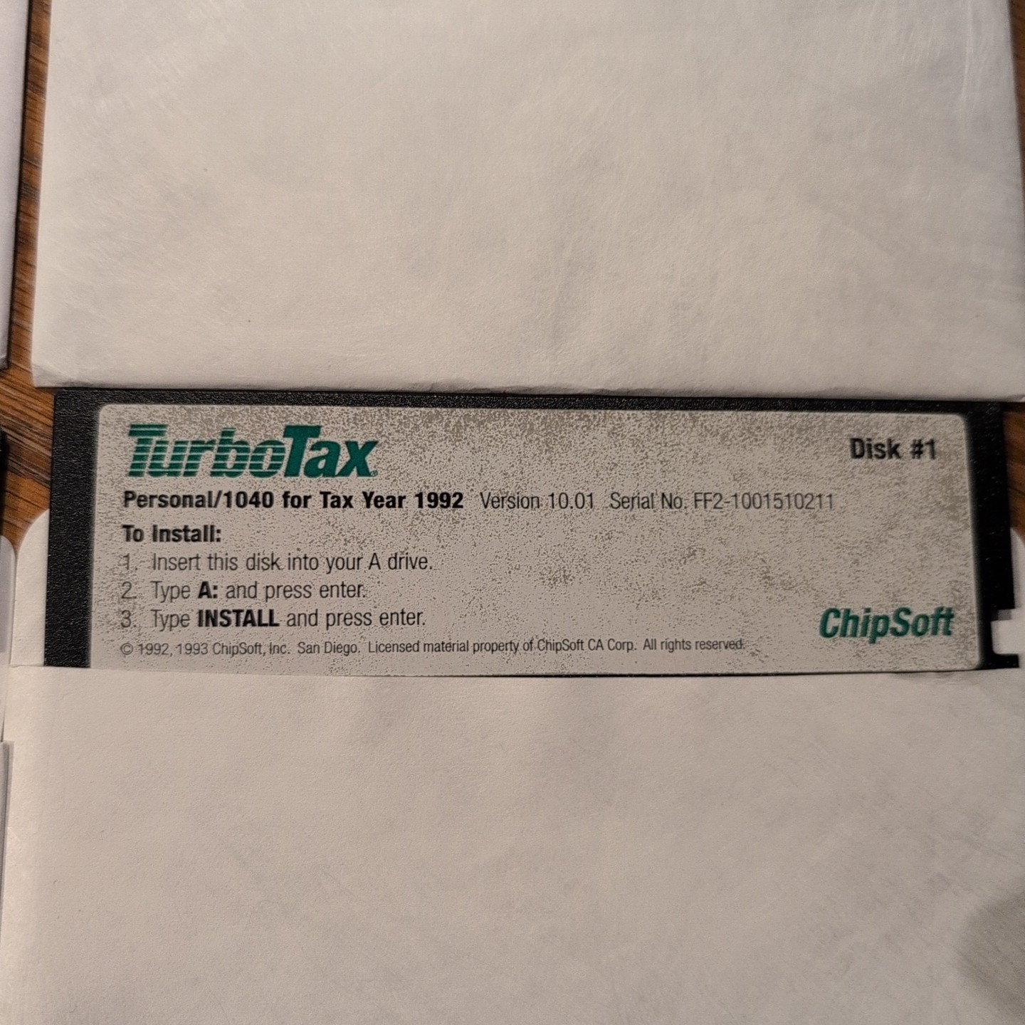 TurboTax Personal 1040 Tax Year 1992 Version 10.01 ChipSoft 5.25″ Floppy 1 2 3 4