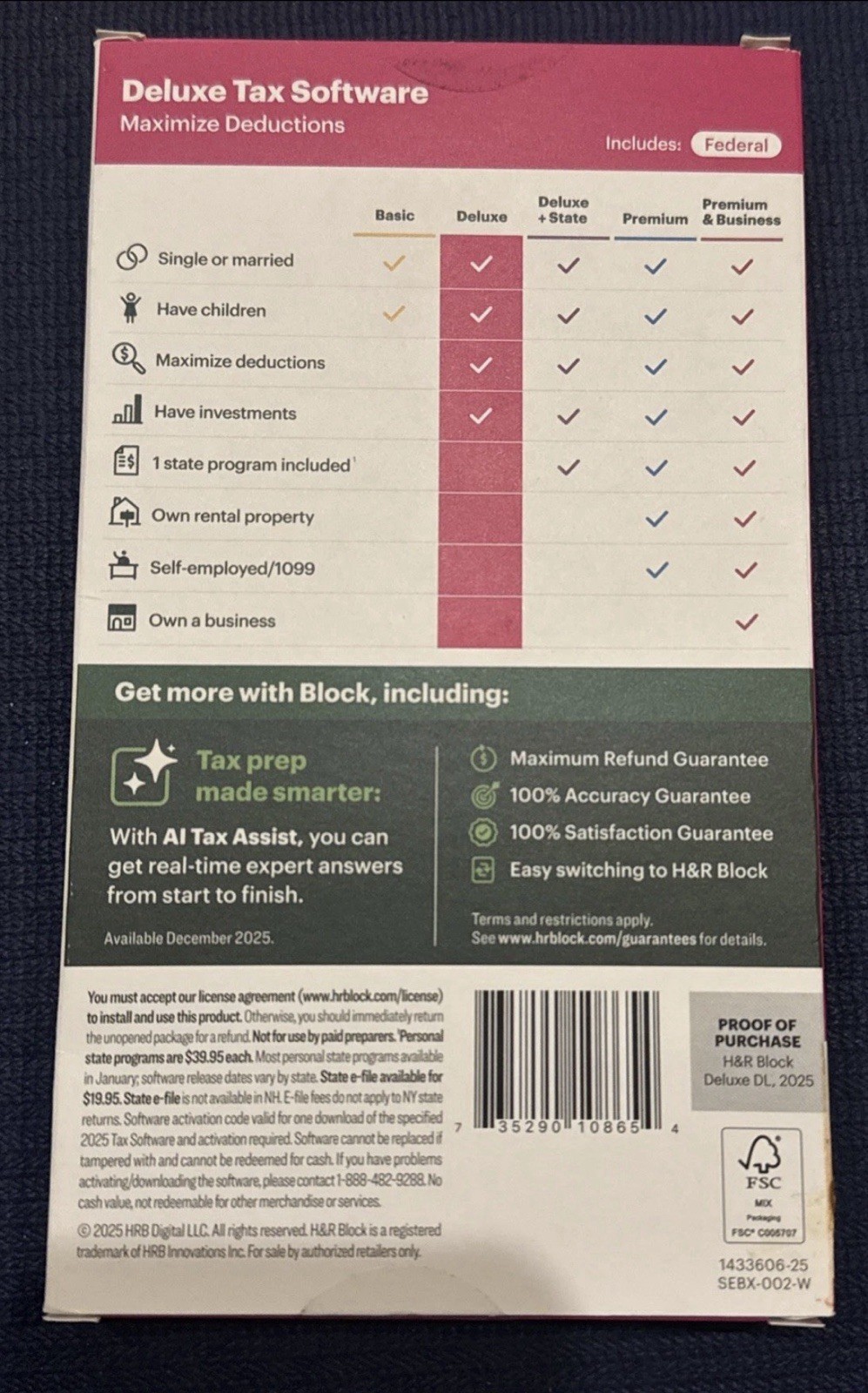 H&R Block Tax Software Deluxe 2025/Physical Card/Ships/For PC/MAC/BNIP