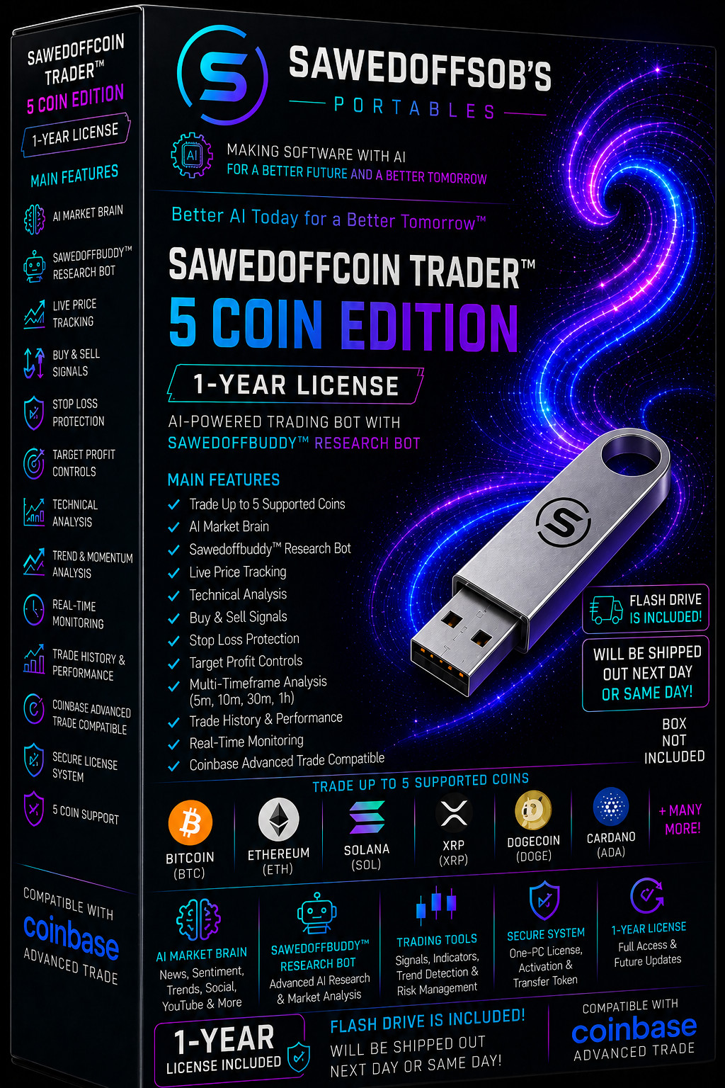 Sawedoffcoin 5 Coin 1 Year Licensed AI Smart Research 24/7 – USB Drive Version
