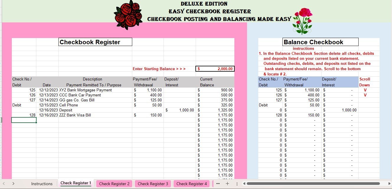 Checkbook Register Excel Spreadsheet, For PC or Android + FREE Budget Template