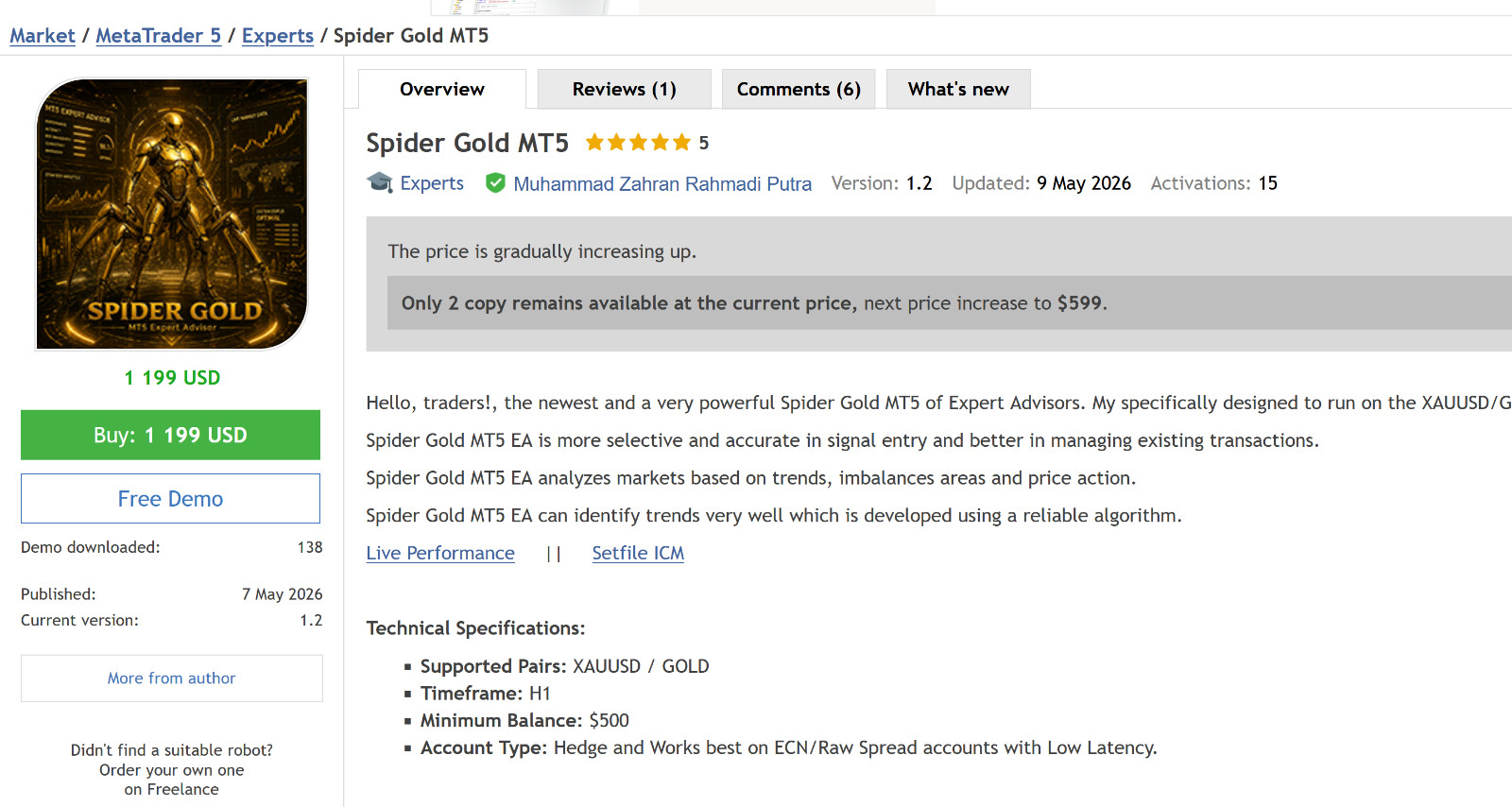 v1.2 Spider Gold EA Metatrader MT5 Forex Bot Trading Robot MQL5 Expert Advisor