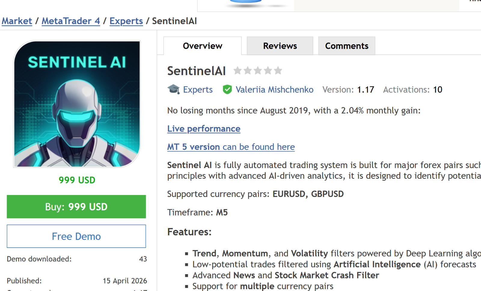 v1.17 Sentinel AI EA Forex MQL5 MT5 metatrader algo trading robot scalping ftmo