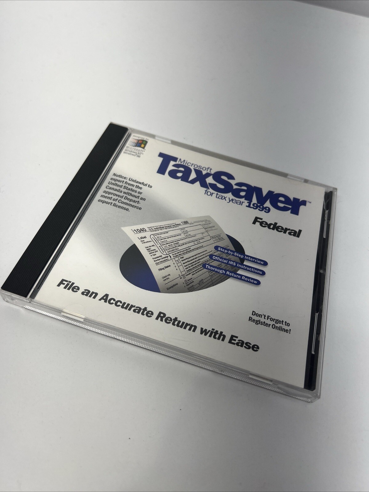 Microsoft Federal Tax Saver For Tax Year 1999 W/Key For Windows 98/NT (RARE)