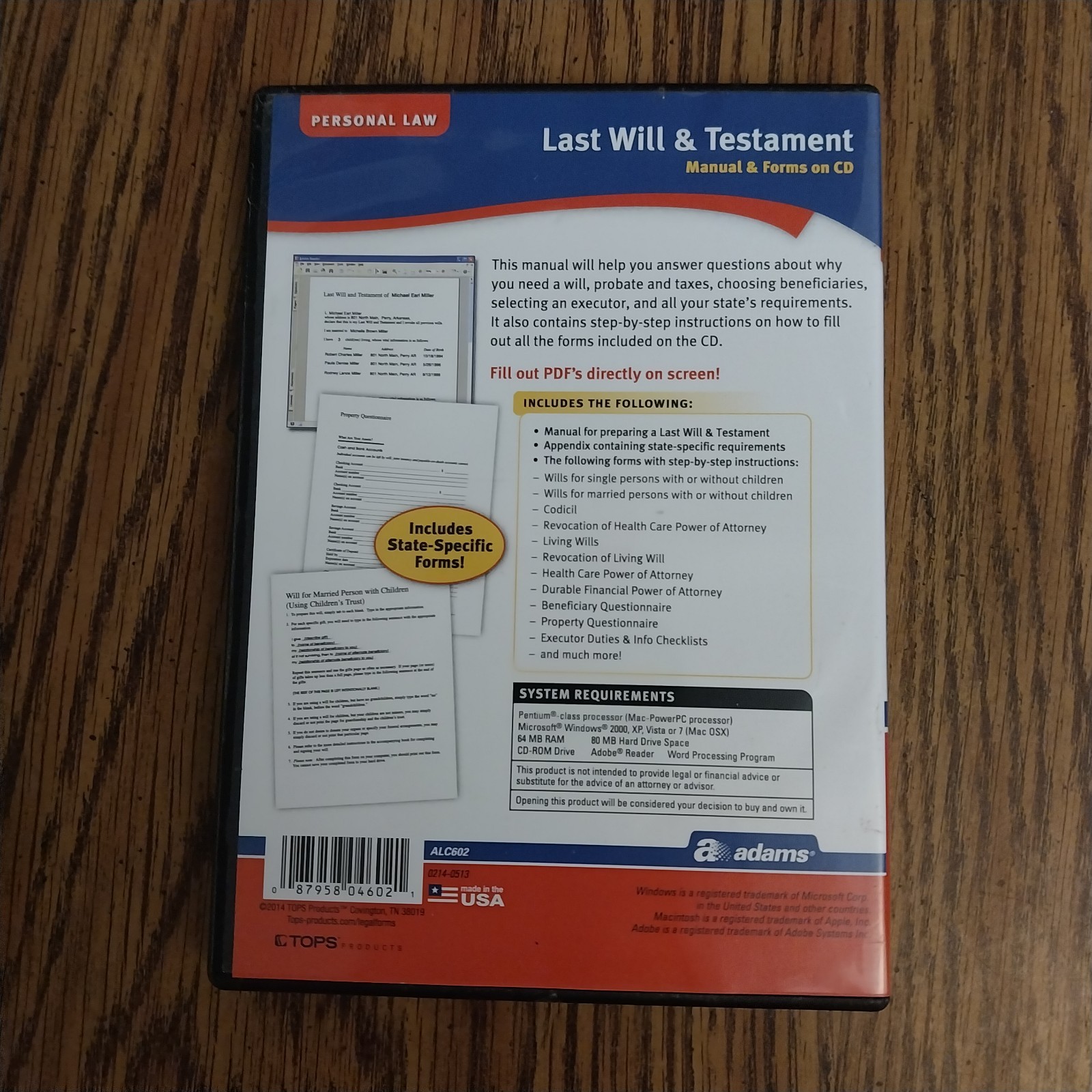 Adams Last Will & Testament Manual & Forms on CD Personal Law