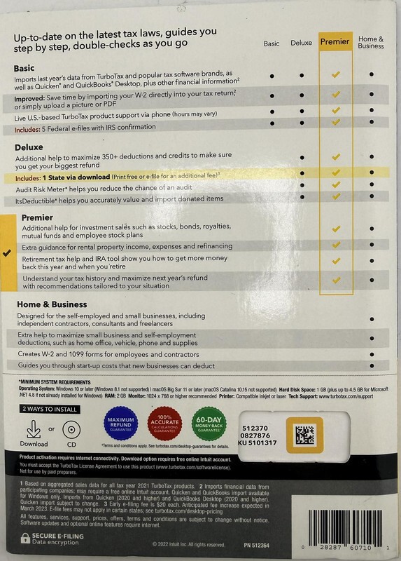 INTUIT TURBOTAX PREMIER 2022 512364 PHYSICAL CD FEDERAL STATE INVESTMENT RENTAL