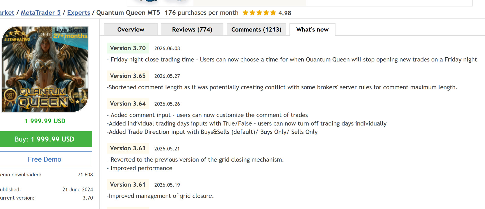 v3.7 Quantum Queen EA Metatrader MT5 Gold Bot Trading Robot MQL5 Expert Advisor