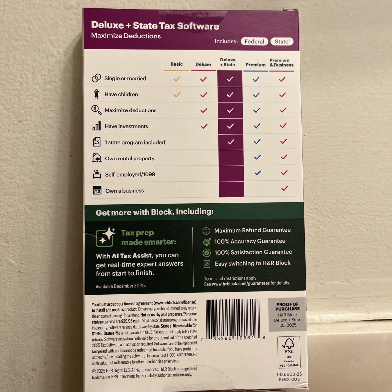 H&R Block Tax Software Deluxe + State 2025 Key Card PC/Mac |