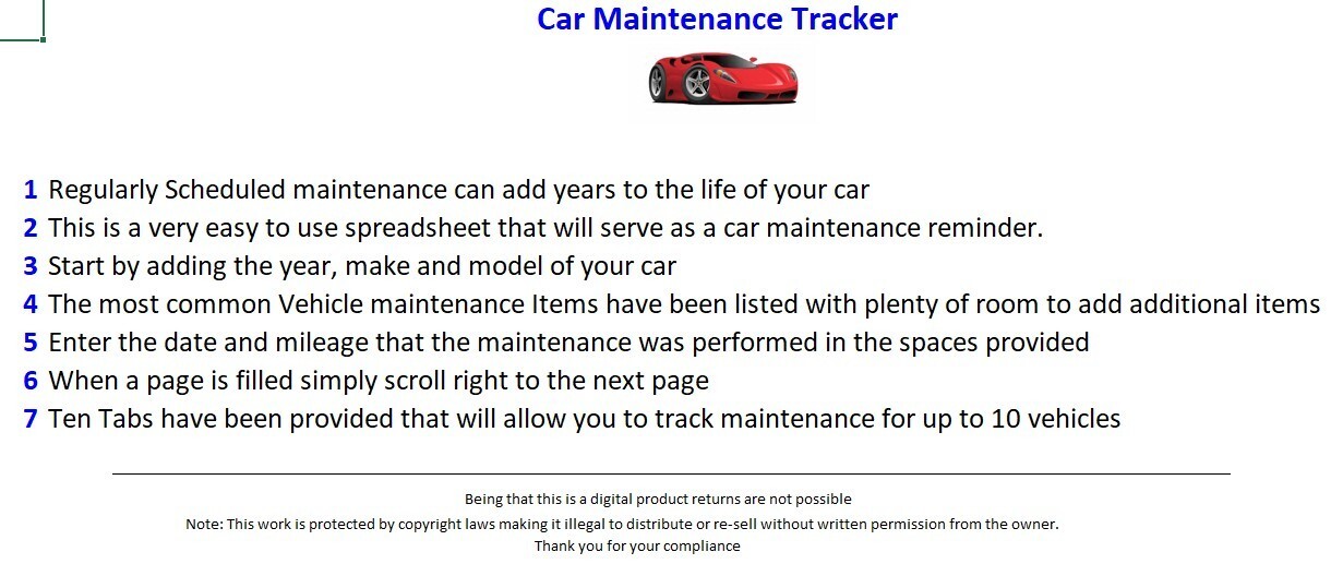 Car Maintenance Tracker Excel Spreadsheet, for PC or Android +FREE Checkbook Reg