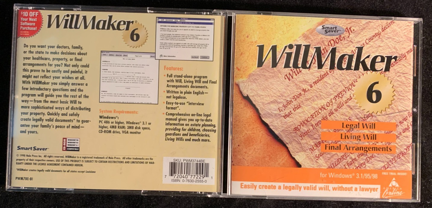 Willmaker 6 ~ CD Legal Will Living Will Final Arrangements Win 1998 MINT-