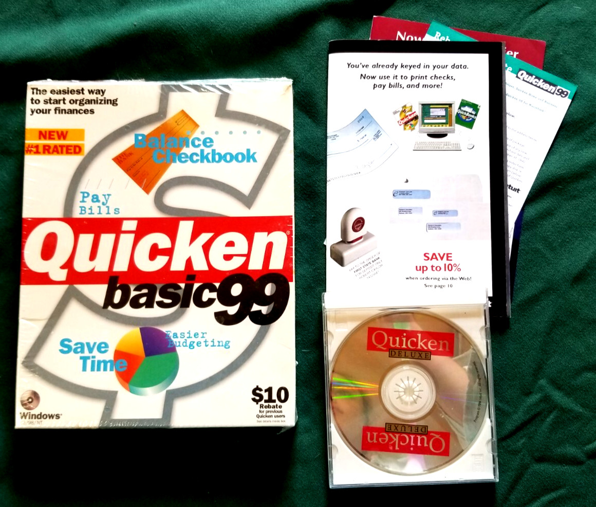 Intuit Quicken Basic 99 For Windows 95/98/NT Disc and Manual in Original Box VTG