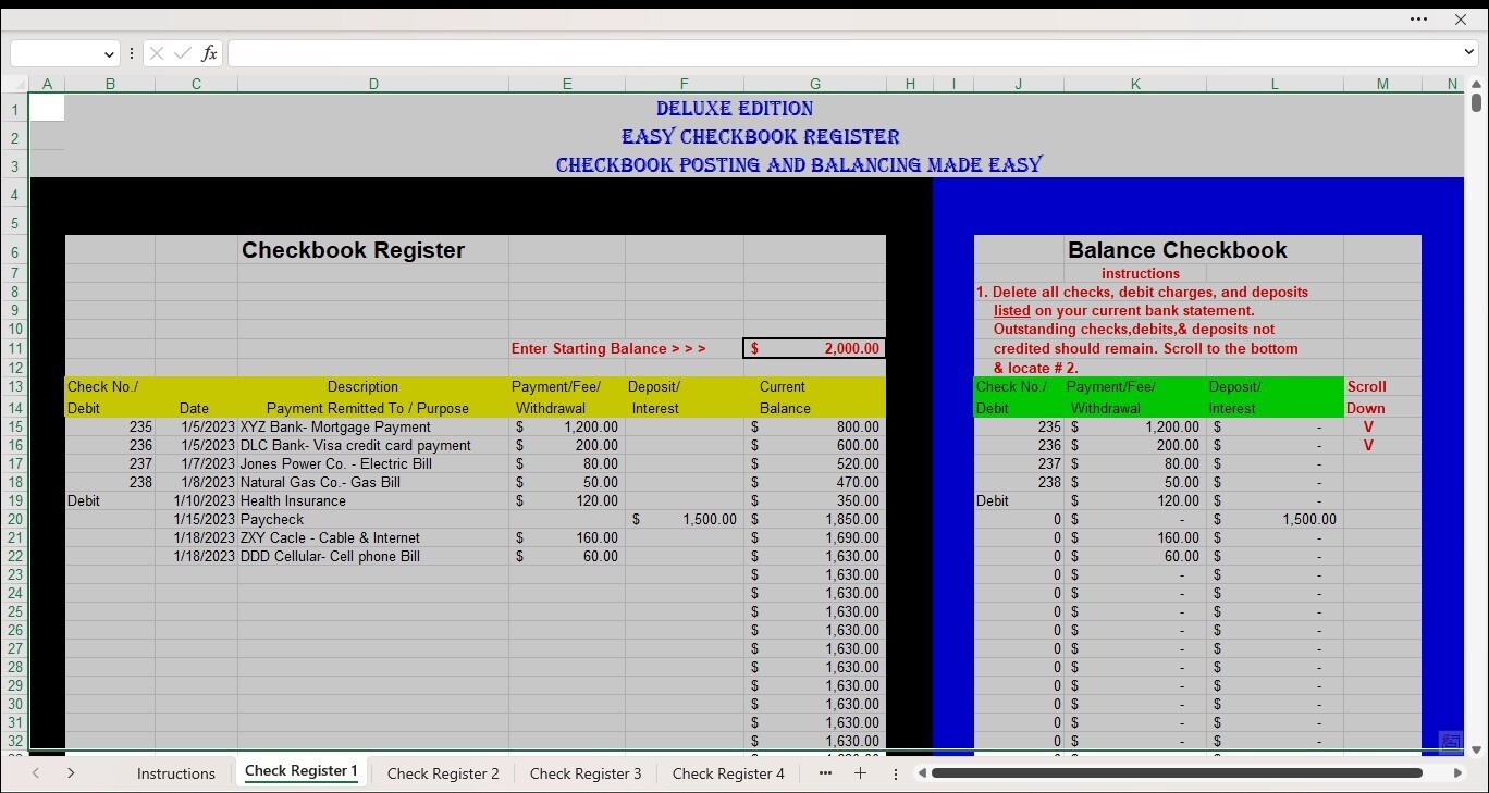 Checkbook Register Excel Spreadsheet, For PC or Android + FREE Budget Template