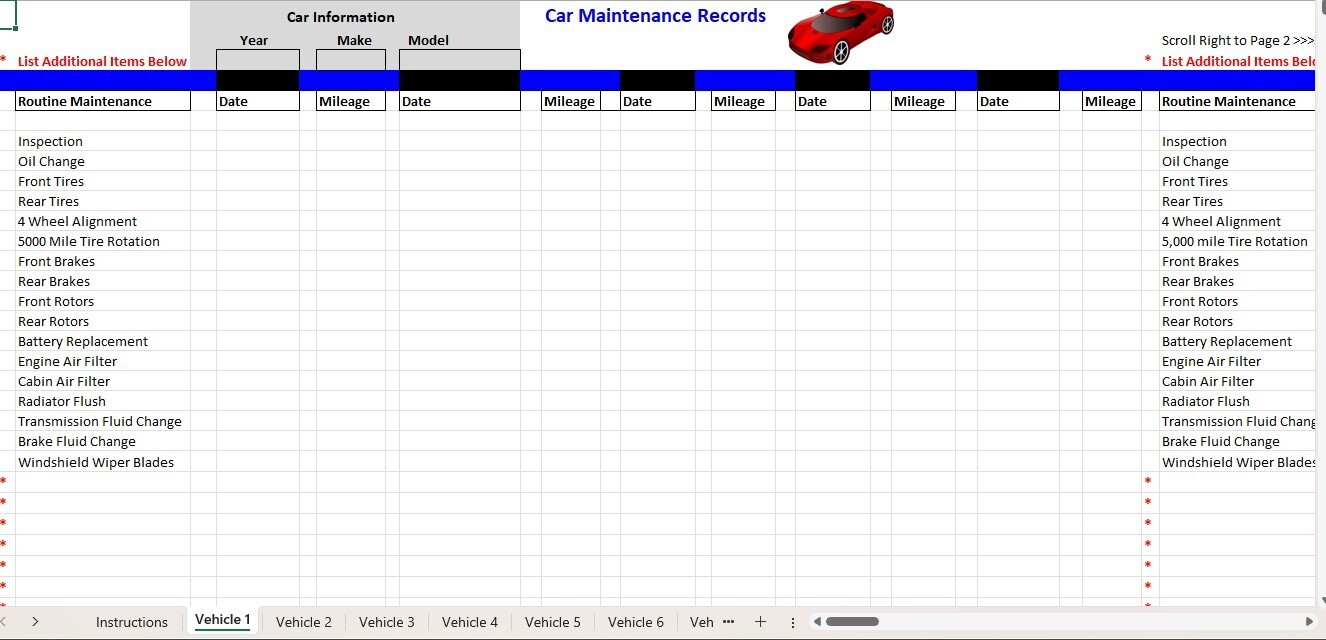 Car Maintenance Tracker Excel Spreadsheet, for PC or Android +FREE Checkbook Reg