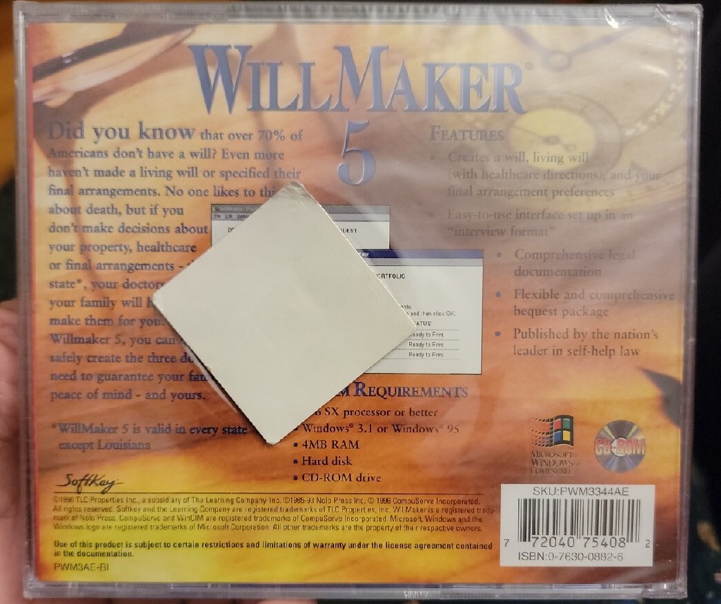 WillMaker 5, Windows 3.1 & 95 (CD-ROM, 1996) Brand New and Sealed!