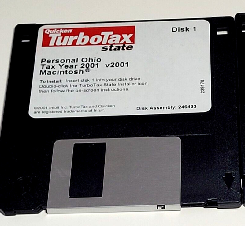 2001 State Personal OHIO Tax Year -TurboTax 3.5″ Floppy Disk-Windows-DISK 1-Vtg