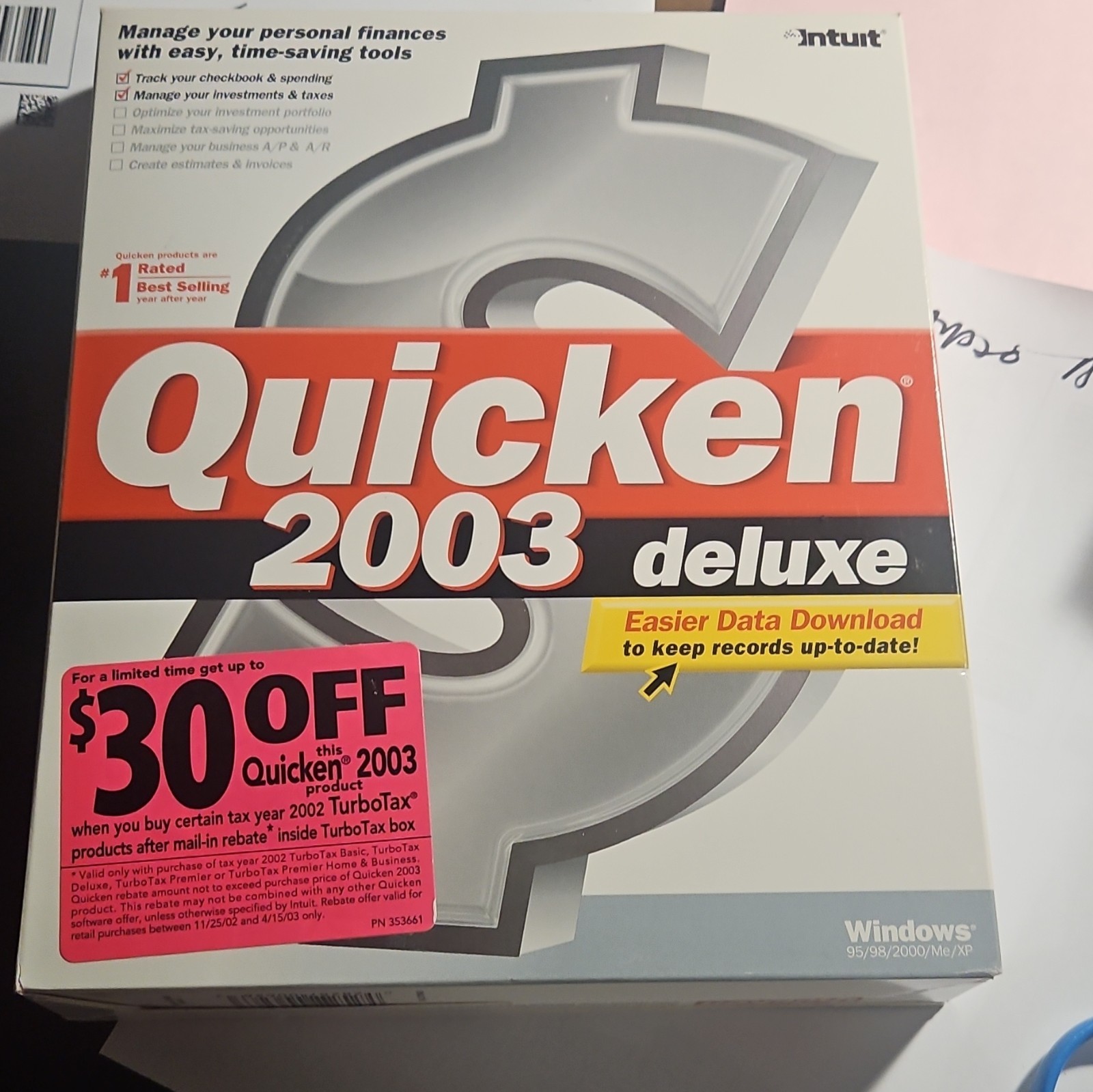 Intuit Quicken 2003 Deluxe Personal Finance for Windows 95-XP CD PN 353661