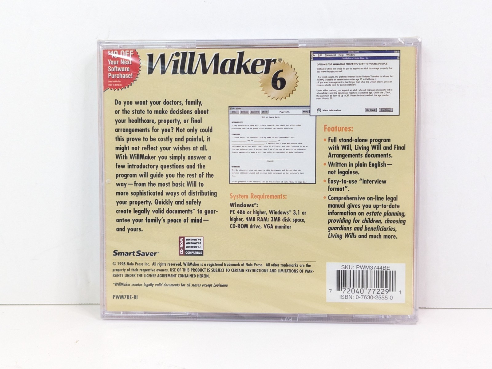 Willmaker 6 CD Legal Will Living Will Final Arrangements Win 3.1/95/98 1998 New