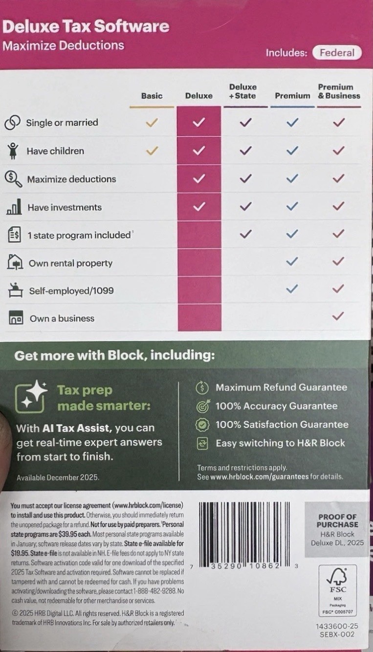 2025 H&R Block Tax Software Deluxe PC/Mac NO STATE Key Card Inside