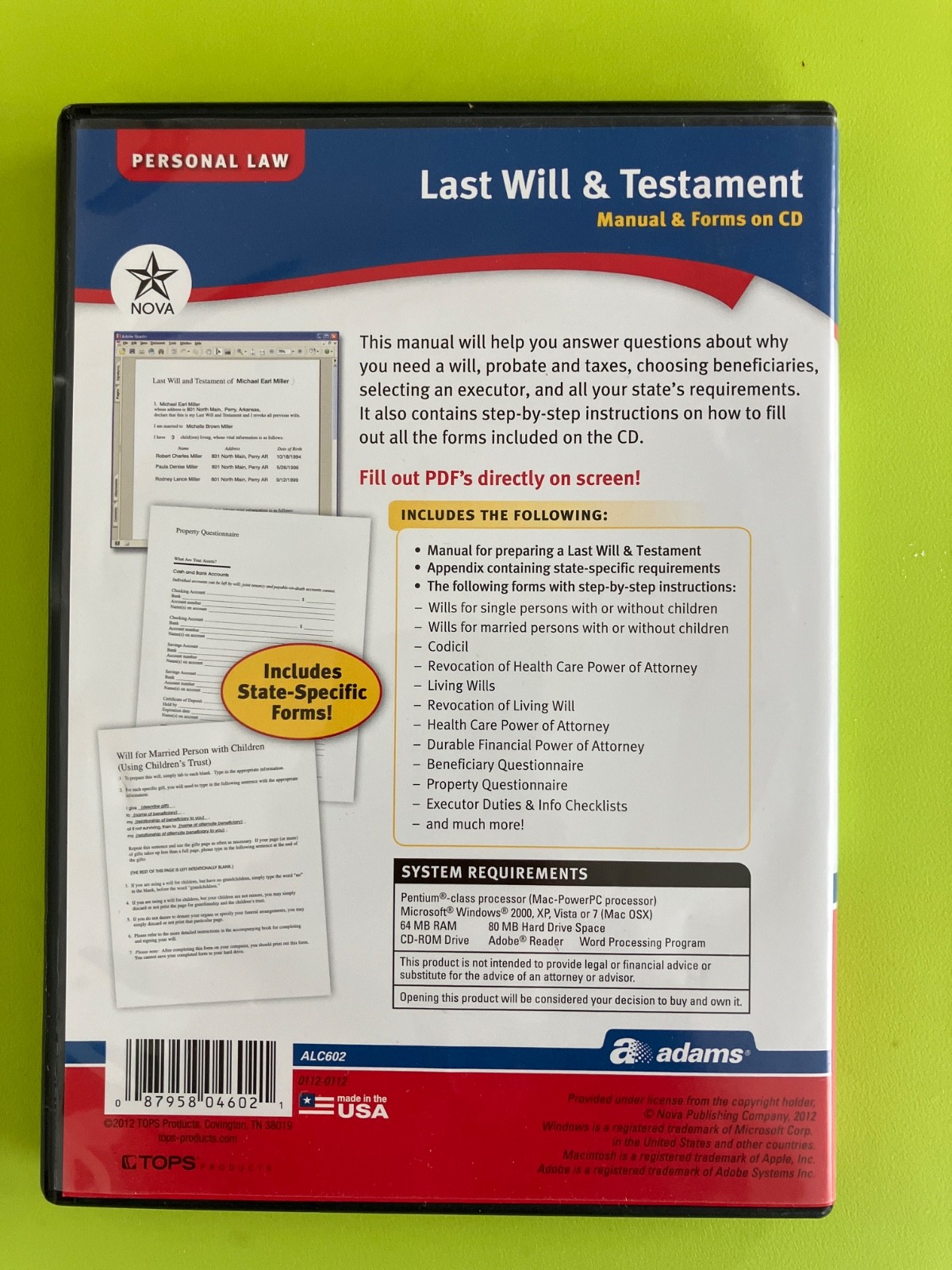 Adams Last Will & Testament Manual & Forms on CD Personal Law