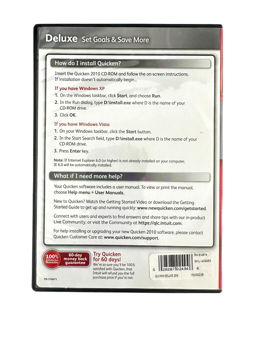 Intuit Quicken Deluxe 2010 for Windows XP/Vista/7 NOT FOR Win 10/11
