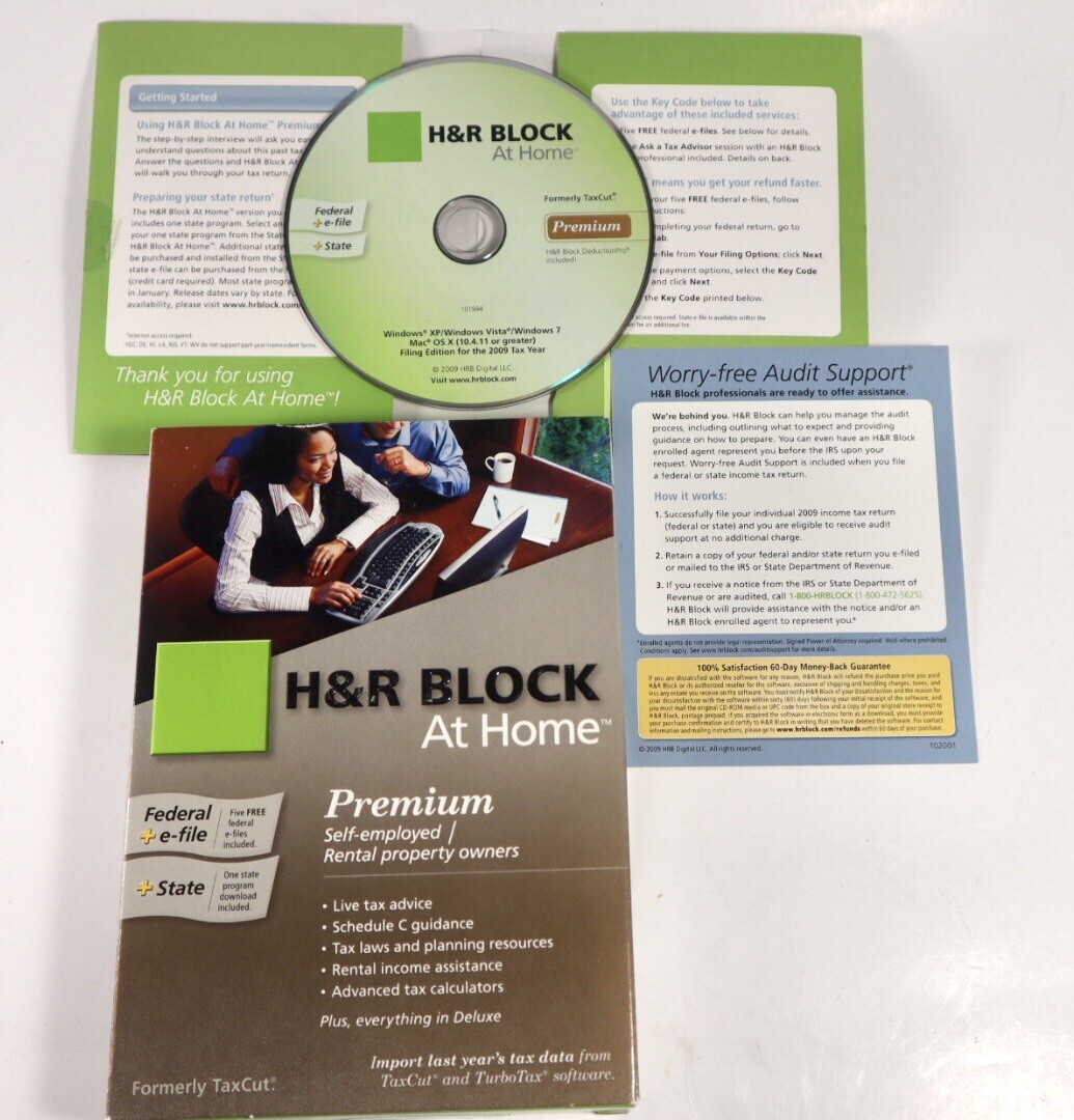 H&R Block At Home 2009 Premium Federal + State + eFile PC MAC CD past tax audit