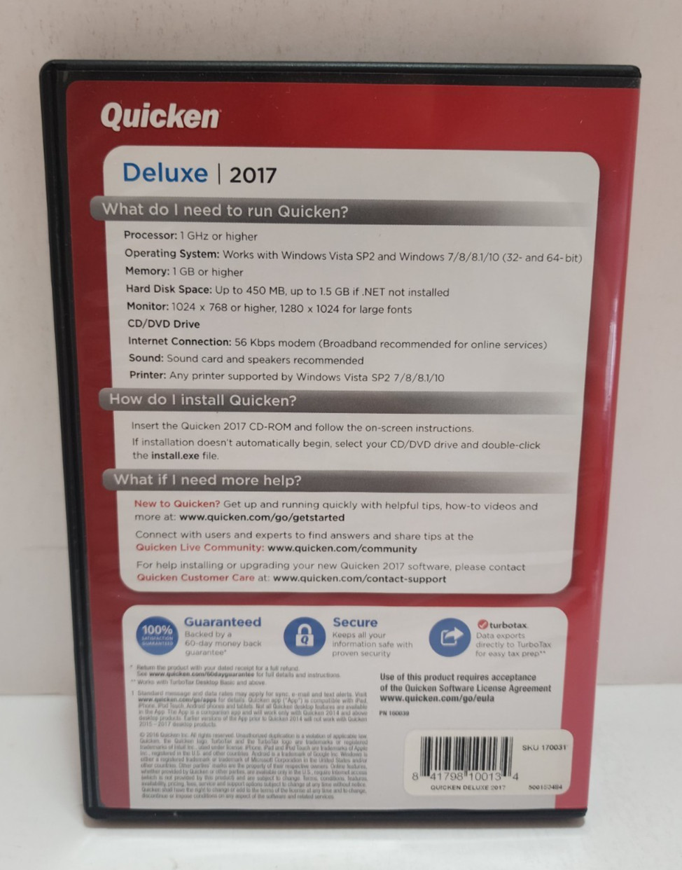 Intuit Quicken 2017 Deluxe For Windows Software Disc READ BEFORE PURCHASING!!