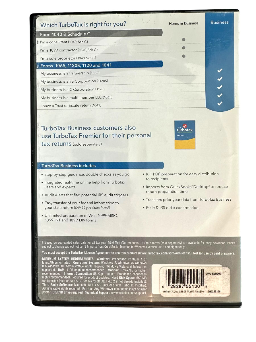 Turbotax BUSINESS 2017 CORPORATIONS Trusts ESTATES LLCs