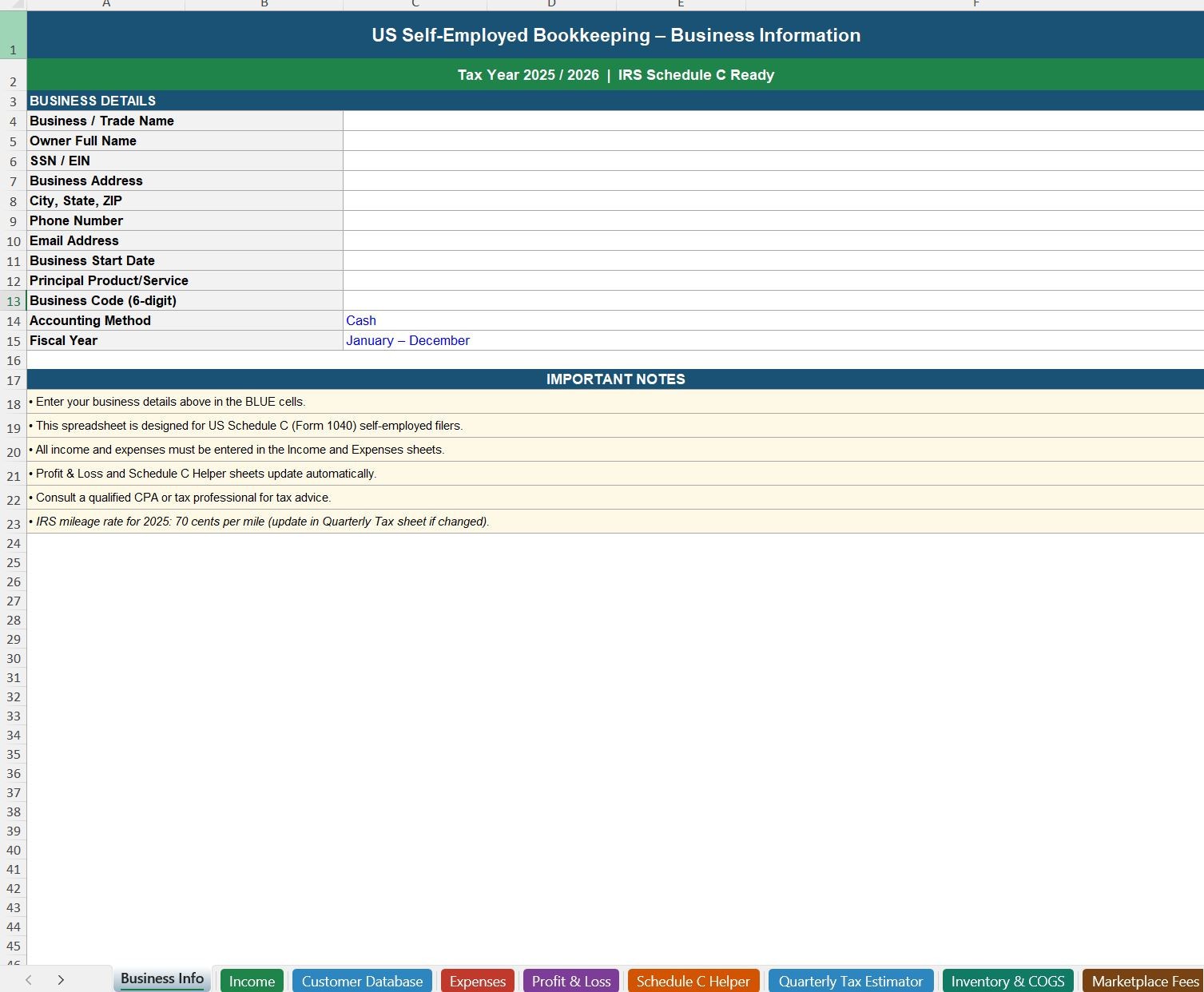 US Accounting Small Business Finance Bookkeeping Self Employed Excel Spreadsheet
