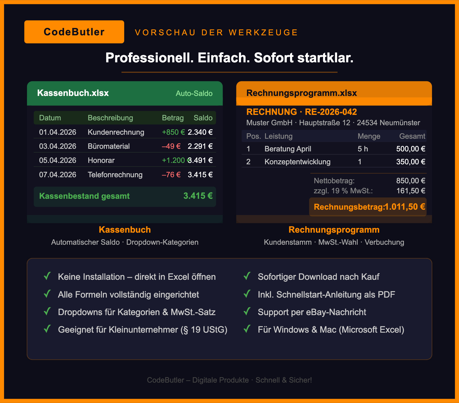 Start-up self-employment software Excel EÜR cash book invoice +++