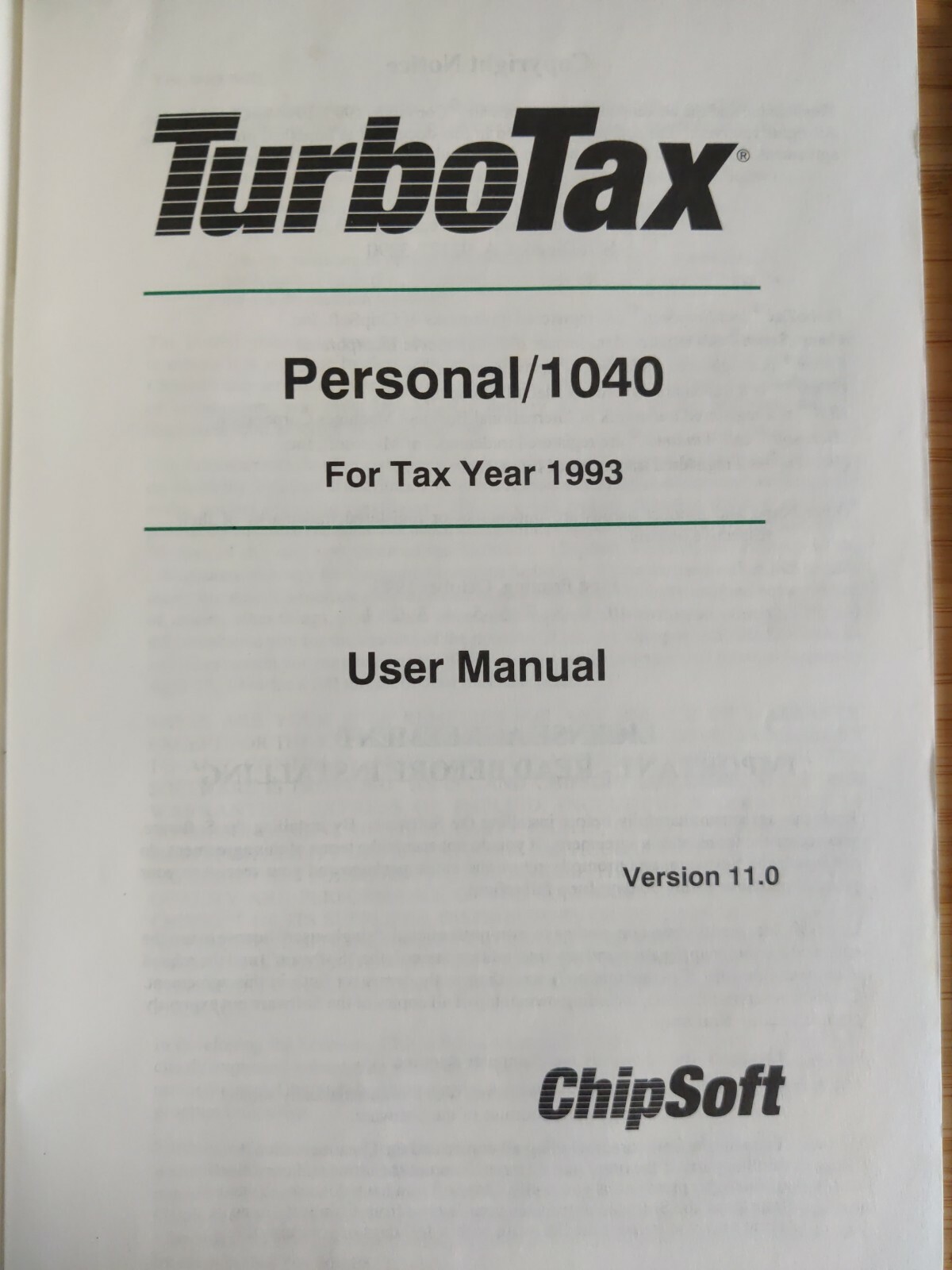 ChipSoft TurboTax for Tax Year 1993 w/ Manual – 2×3.5″ Floppy Disks – Never Used
