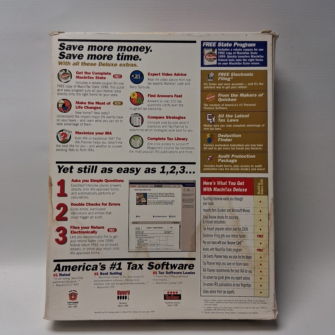 1999 Quicken MacInTax Deluxe in Big Box Complete Federal/State CD disc Vintage