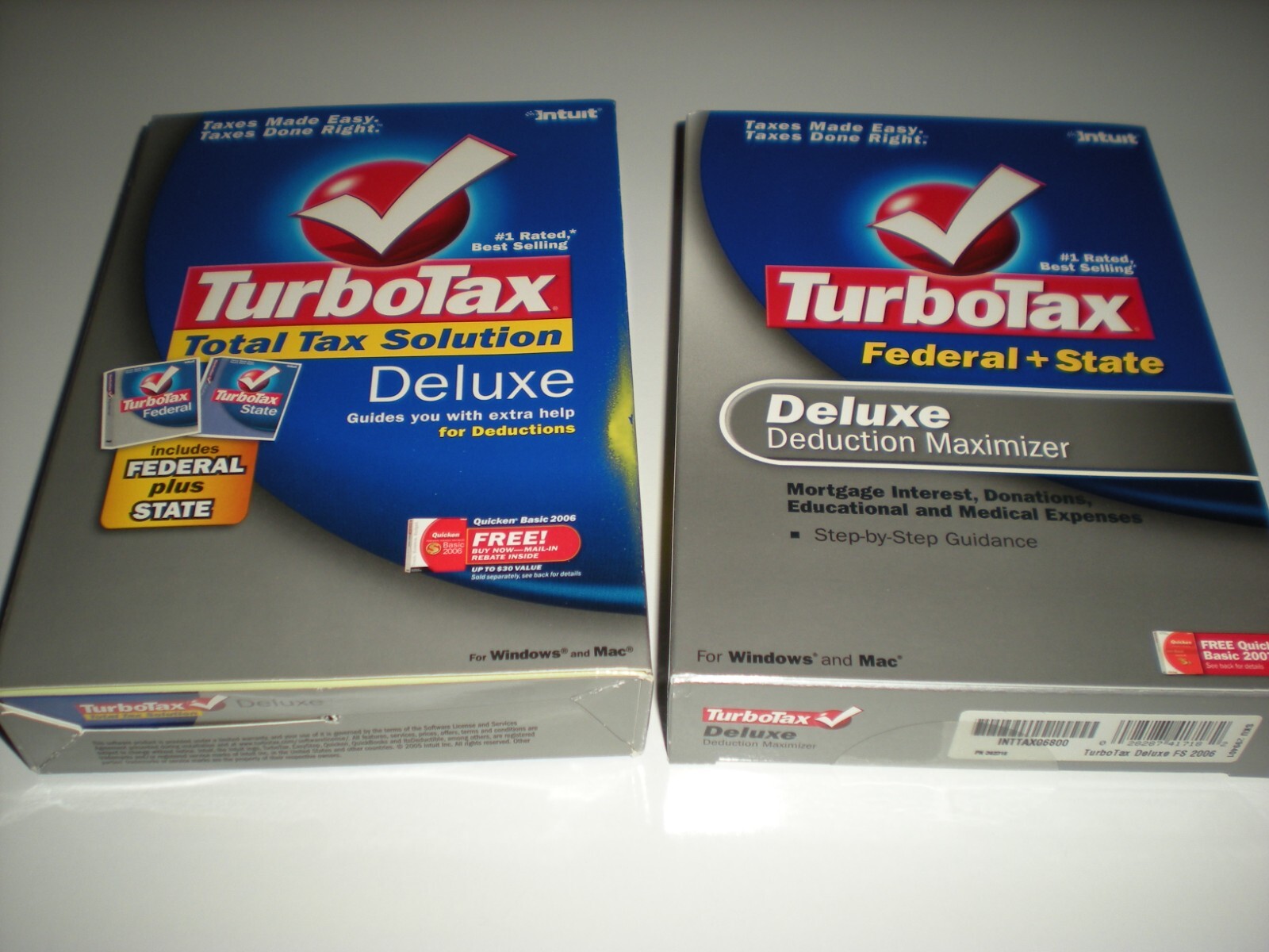 Turbotax 2005 & 2006 Deluxe with state. Turbo tax. New. 2005 package blemished.