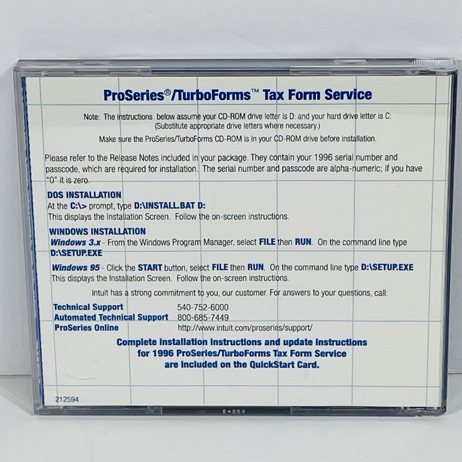 TurboTax ProSeries Software Tax Year 1996 Version 96.06