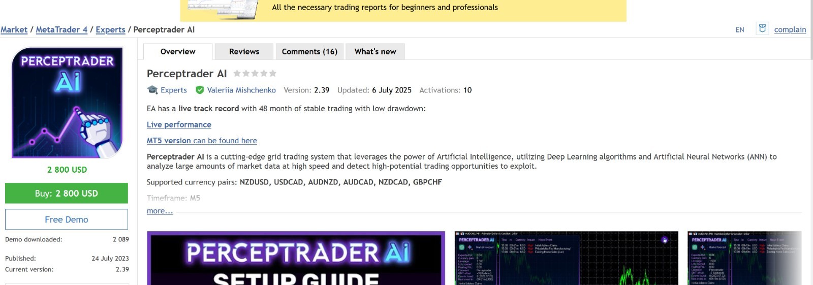 v2.43 Perceptrader AI Forex EA MT4 metatrader algo trading robot scalping ftmo