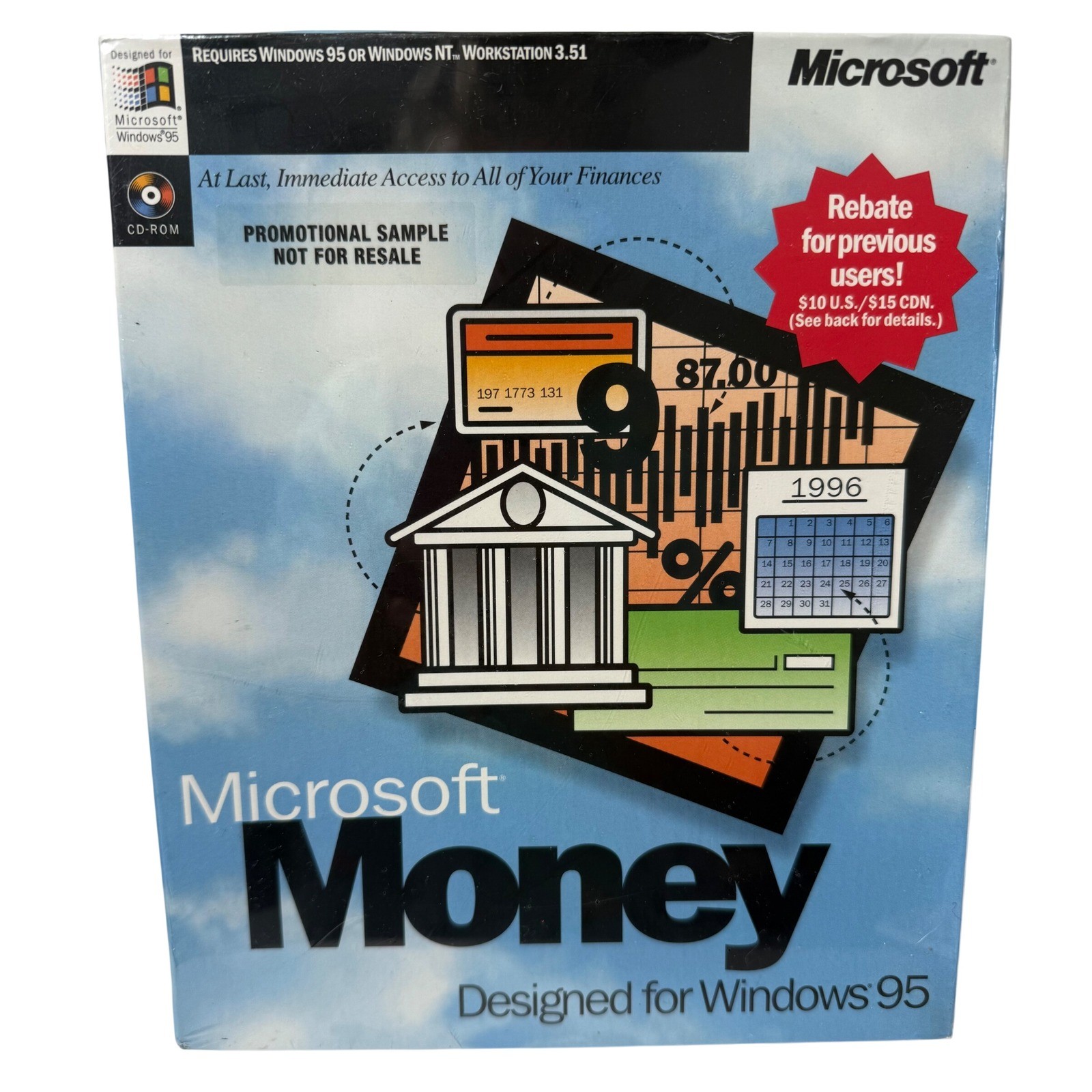Microsoft Money Windows 95 Vintage Big Box Software Promotional Sample Sealed