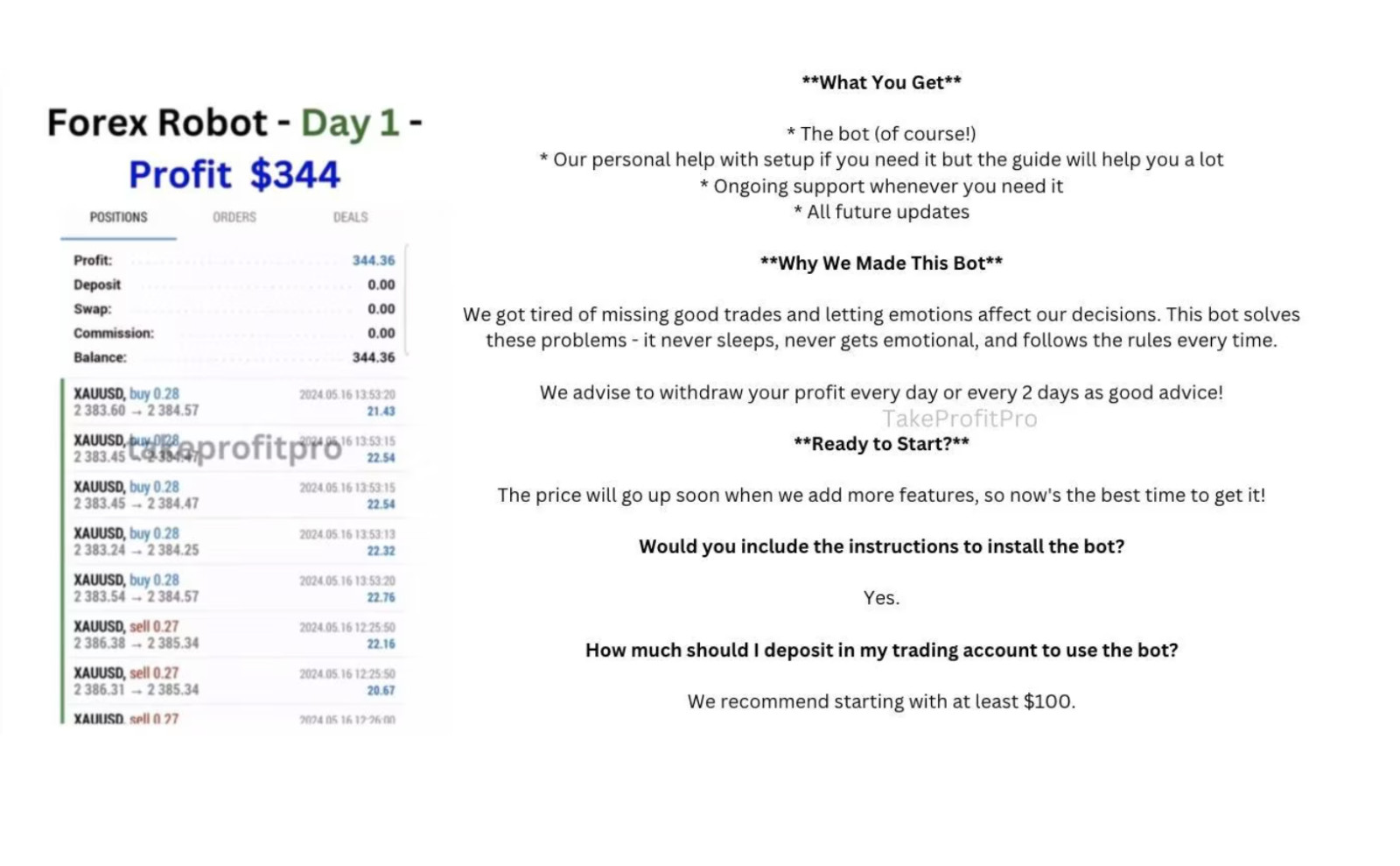 TakeProfitPro EA – Auto Trading Forex Robot – MT5 – Gold & BTCUSD