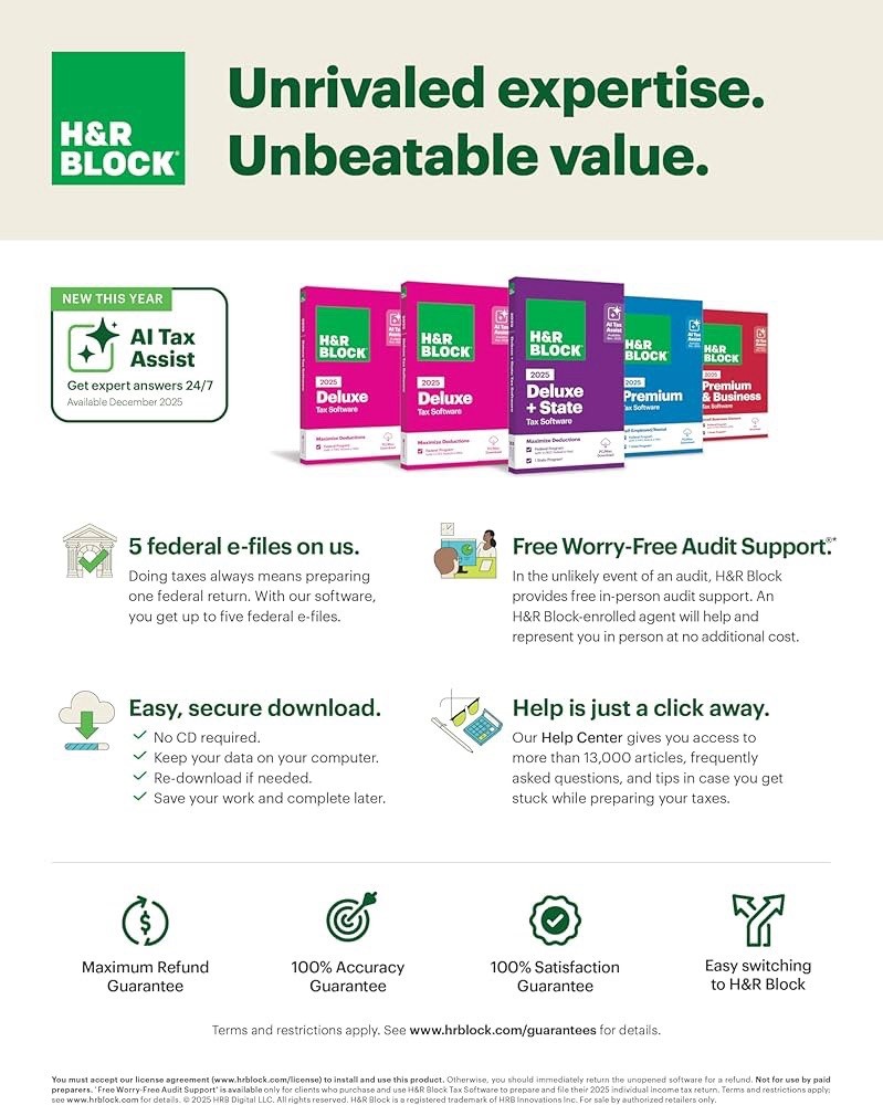 2025 H&R Block Tax Software Premium & Business Edition [Key Card] PC/MAC
