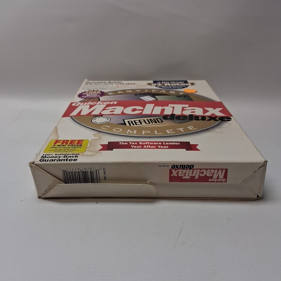 1999 Quicken MacInTax Deluxe in Big Box Complete Federal/State CD disc Vintage