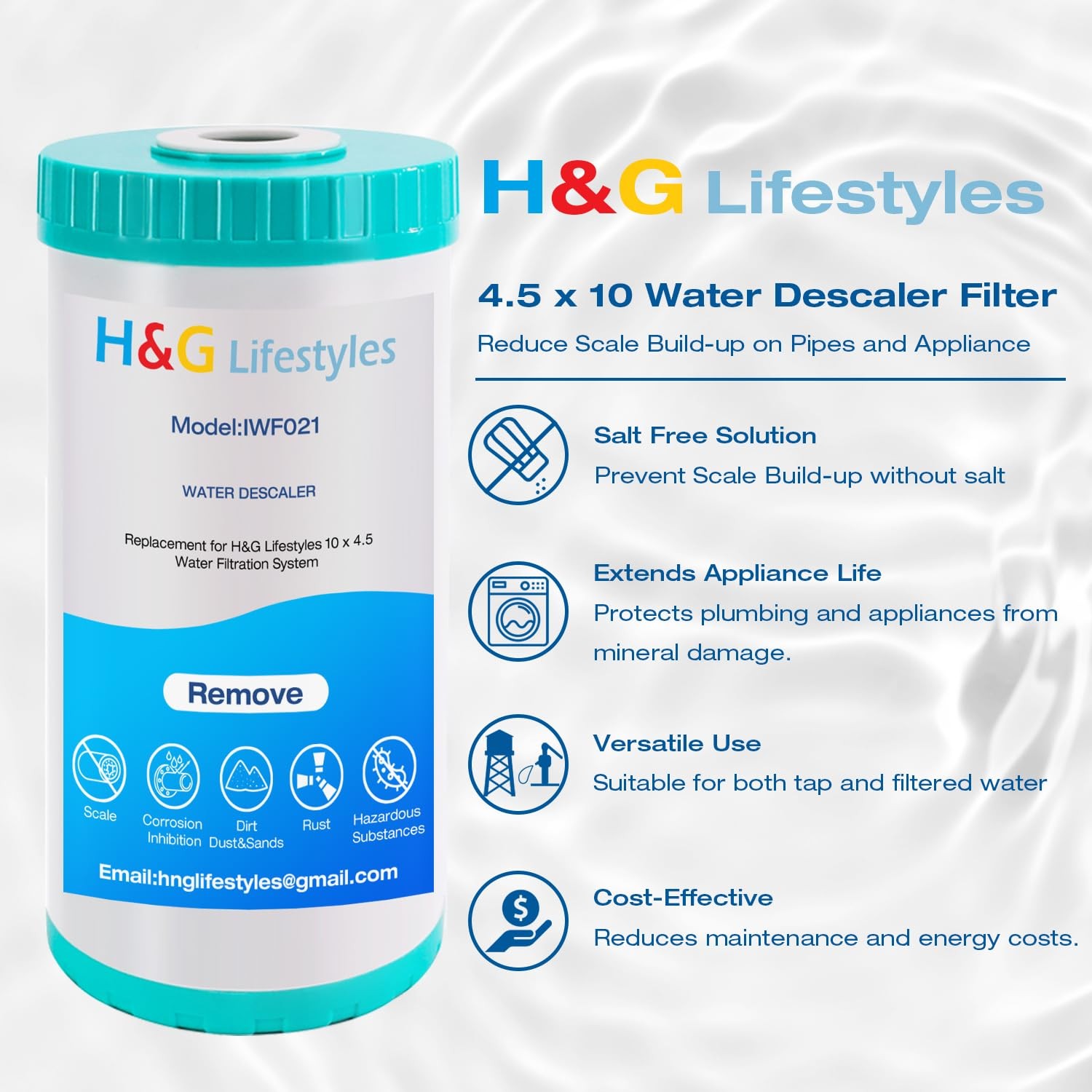 H&G Lifestyles 10×4.5 Water Descaler, Anti-Scale Saltless Softener Cartridge