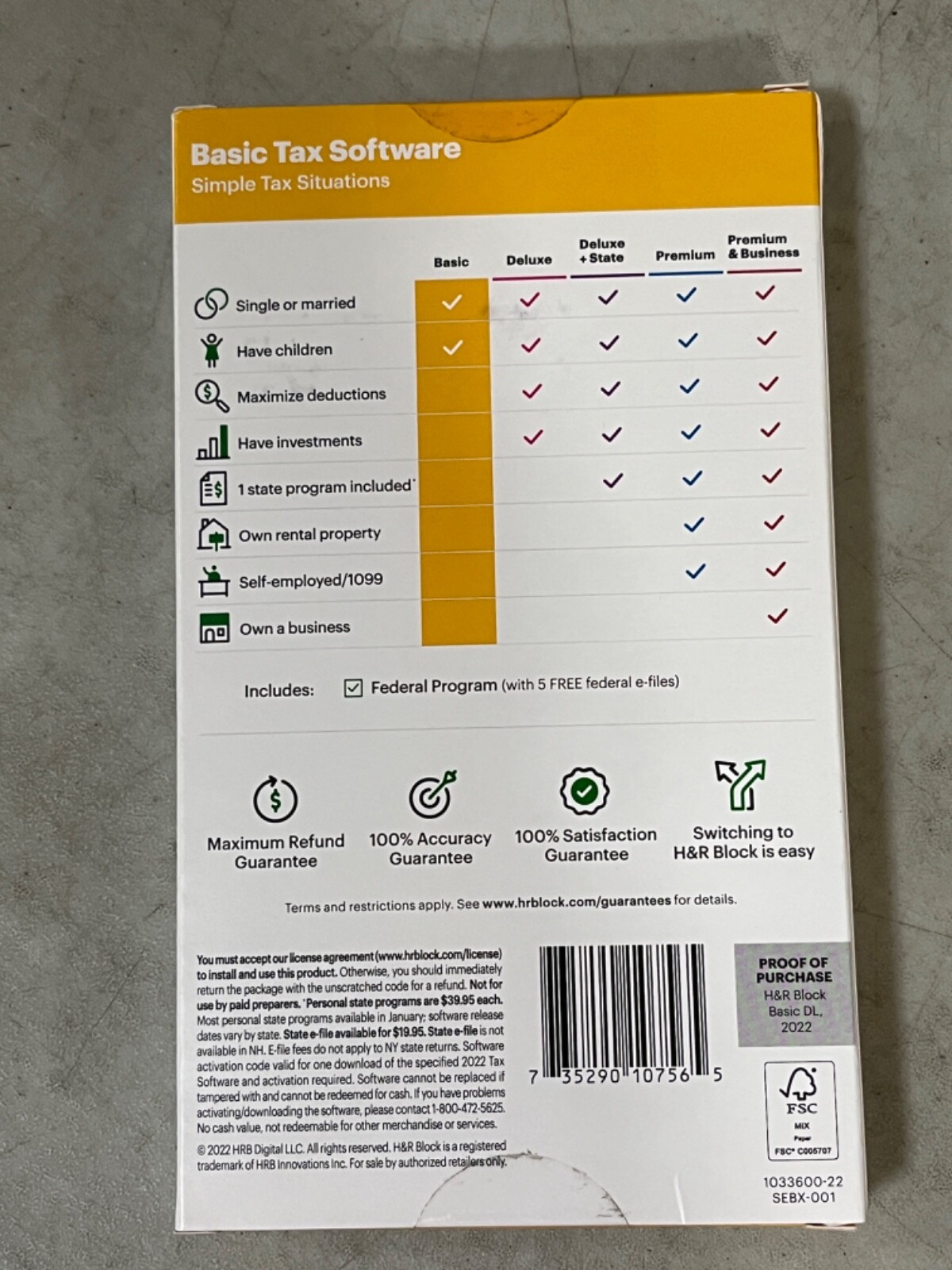 H&R BLOCK BASIC SIMPLE TAX SITUATIONS 2022 E-FILE PC/MAC DOWNLOAD