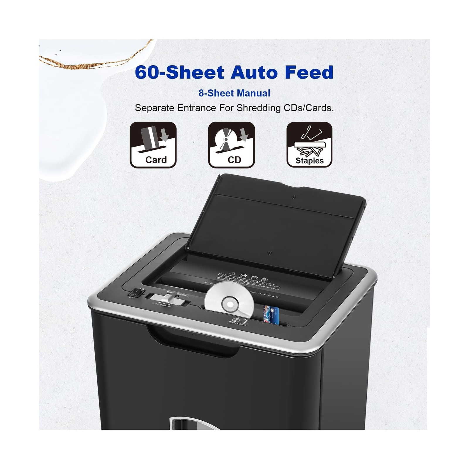 Auto Feed Paper Shredder, 60 Sheets Cross Cut, CD/Credit Card Shredder with A…