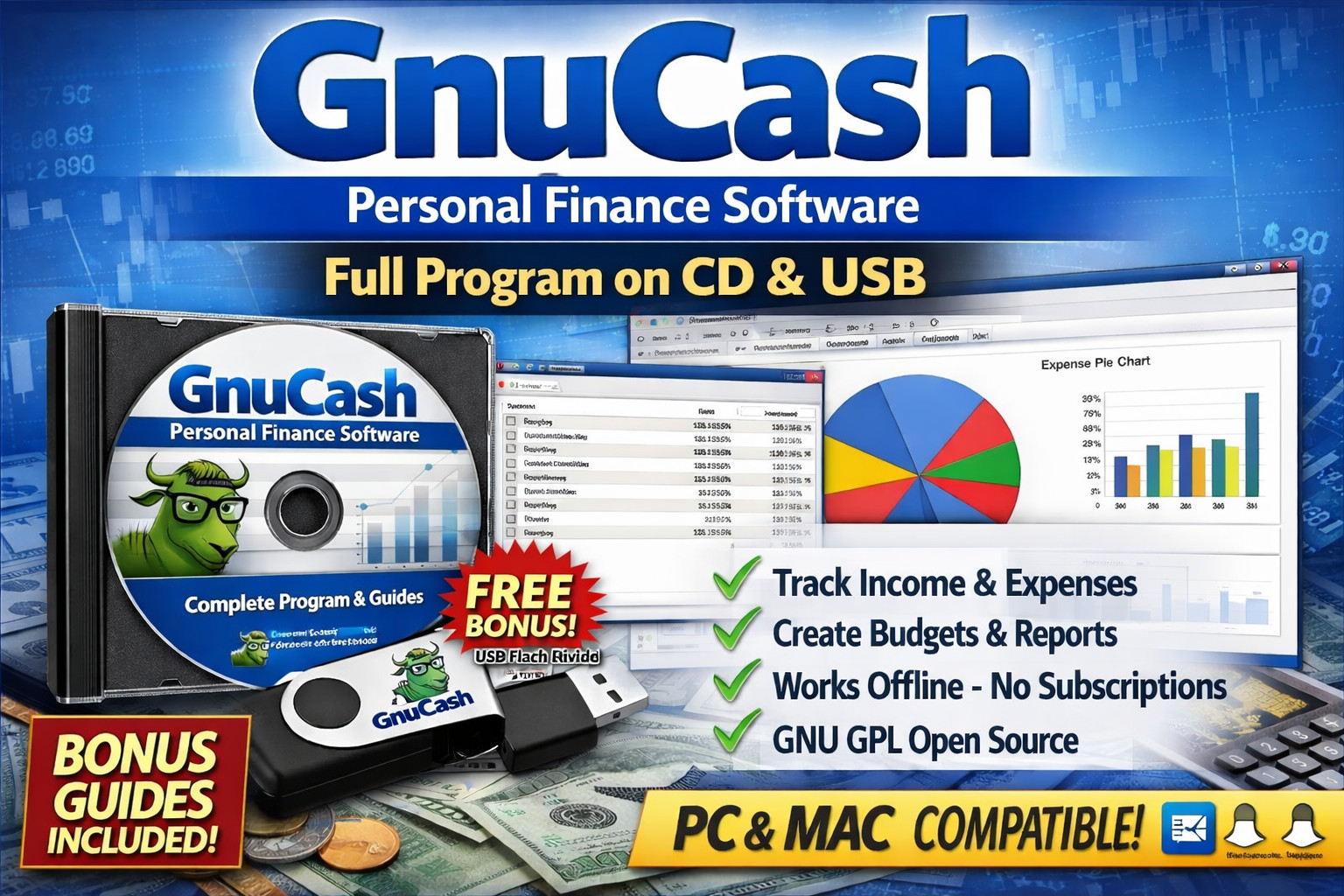 GnuCash Personal Finance Software CD & USB | Budgeting & Accounting | Offline