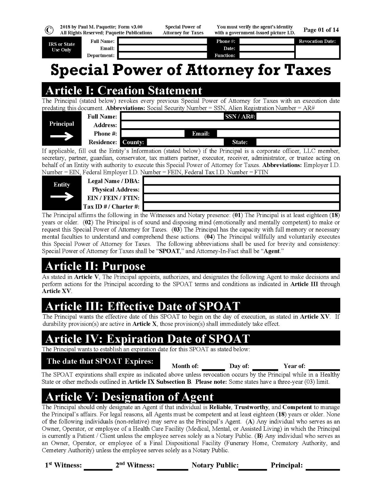 Special Power of Attorney for Taxes – Full Version – USB Flash Drive Only