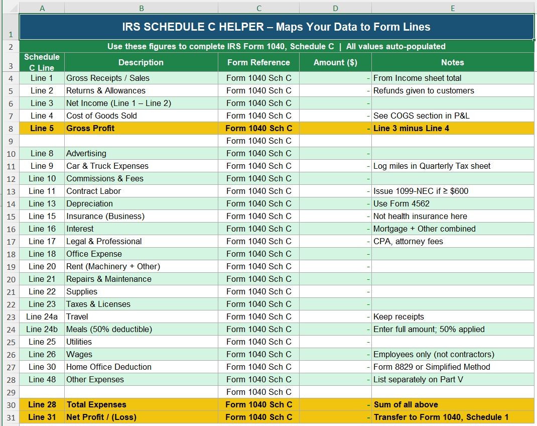US Accounting Small Business Finance Bookkeeping Self Employed Excel Spreadsheet