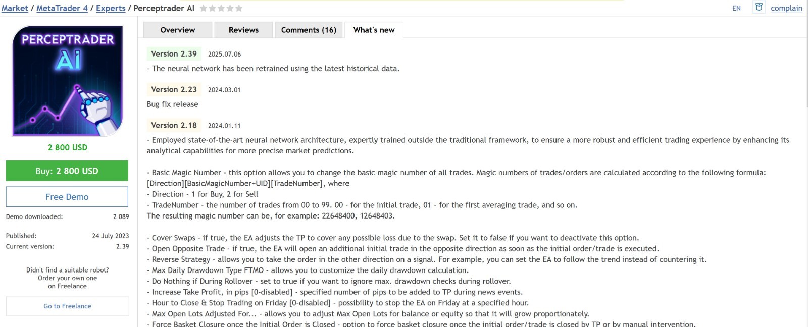 v2.43 Perceptrader AI Forex EA MT4 metatrader algo trading robot scalping ftmo