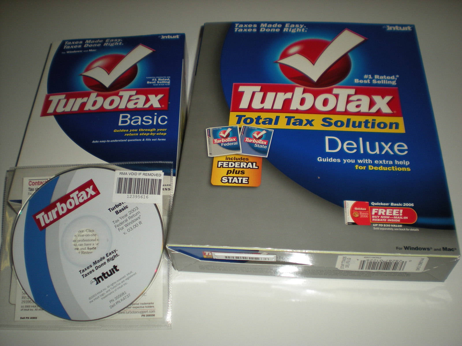 Turbotax 2005 Deluxe (and state) with Turbotax 2004 Basic and 2003 Basic. New.