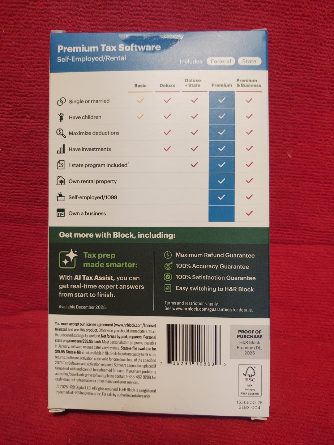 NEW 2025 H&R Block Tax Software Premium for PC Mac Key Card Self employed Rental