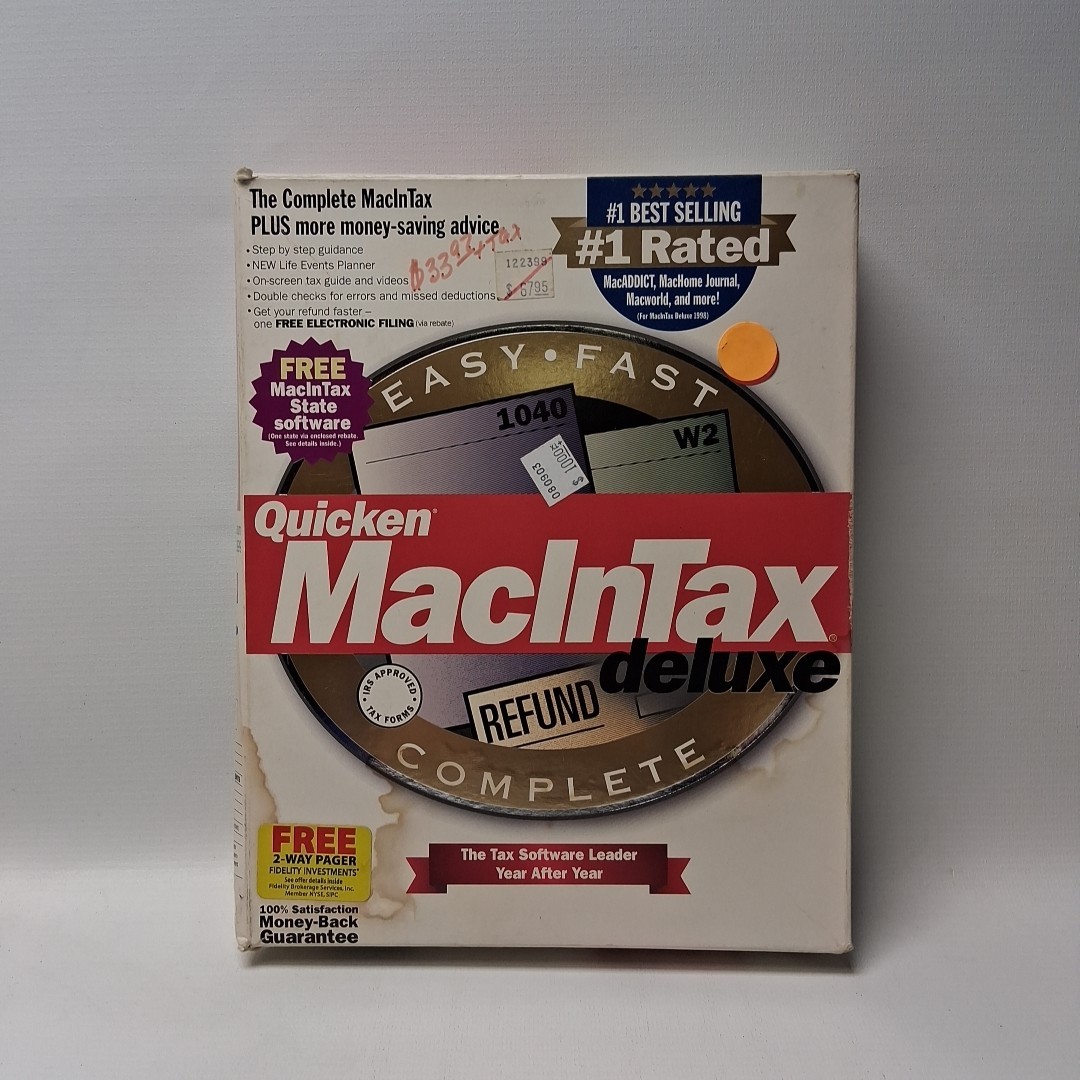 1999 Quicken MacInTax Deluxe in Big Box Complete Federal/State CD disc Vintage