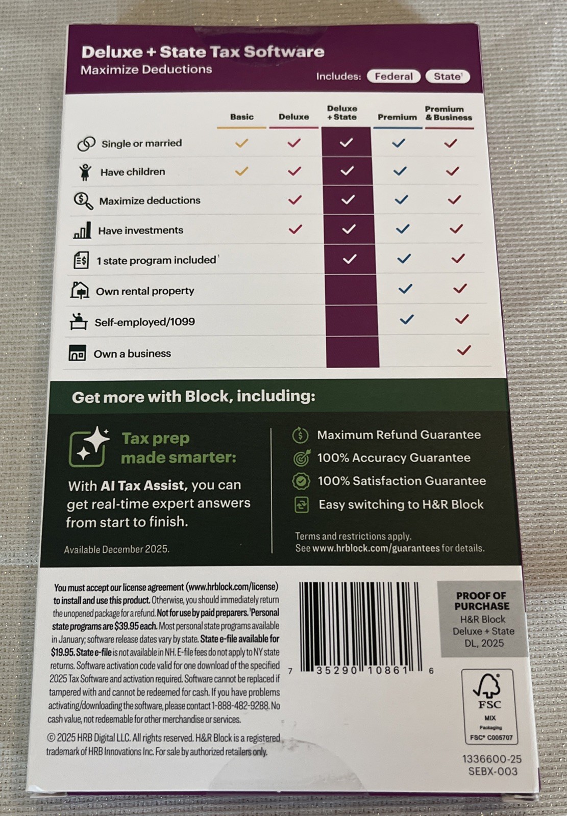 2025 H&R Block Tax Software Deluxe + State MAC/Windows PC [Key Card]