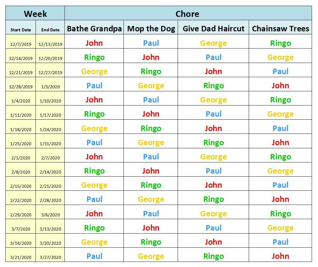 Weekly Chore Chart Excel Template